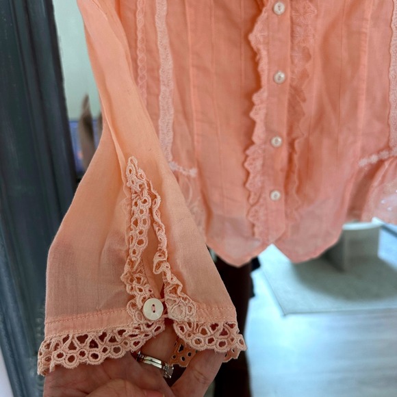 Vintage 70s Red Leaf Victorian Eyelet Lace Ruffle Blouse Prairie Cottagecore L - Picture 3 of 7